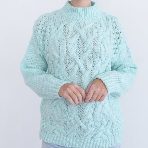 Vintage Heres A Hug Pastel Mint Cable Knit Mockneck Sweater M - Picture 2 of 10